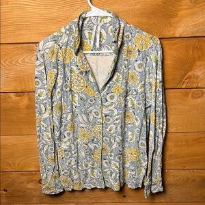 Anthropologie Floral Blue Yellow Women's Button Down Shirt MD long sleeve